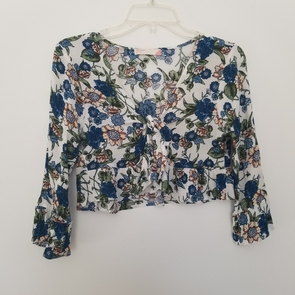 Tie Front Floral Print Bohemian Crop Top Sz Small - Picture 4 of 6
